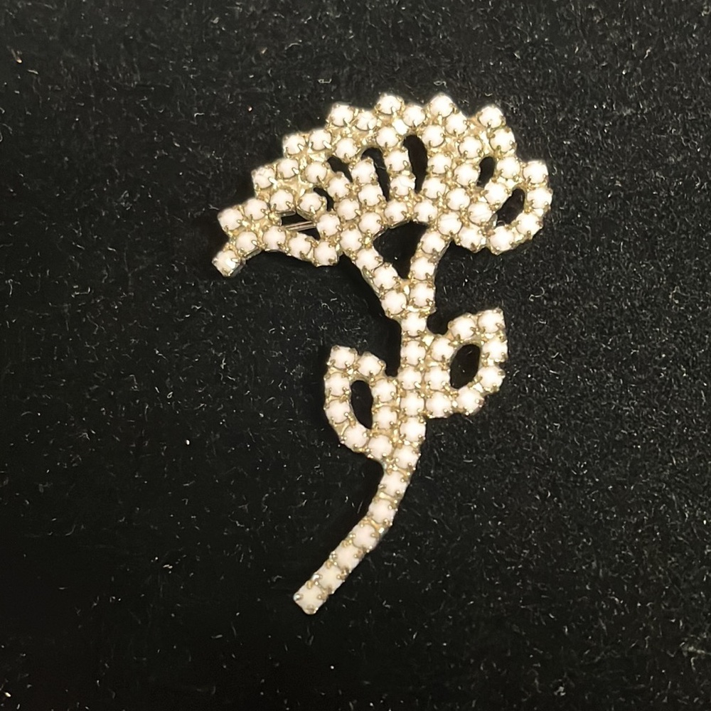 Vintage, white stone and silver flower brooch